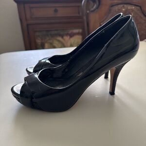 White House Black Market Glossy Black Peep-Toe Heels